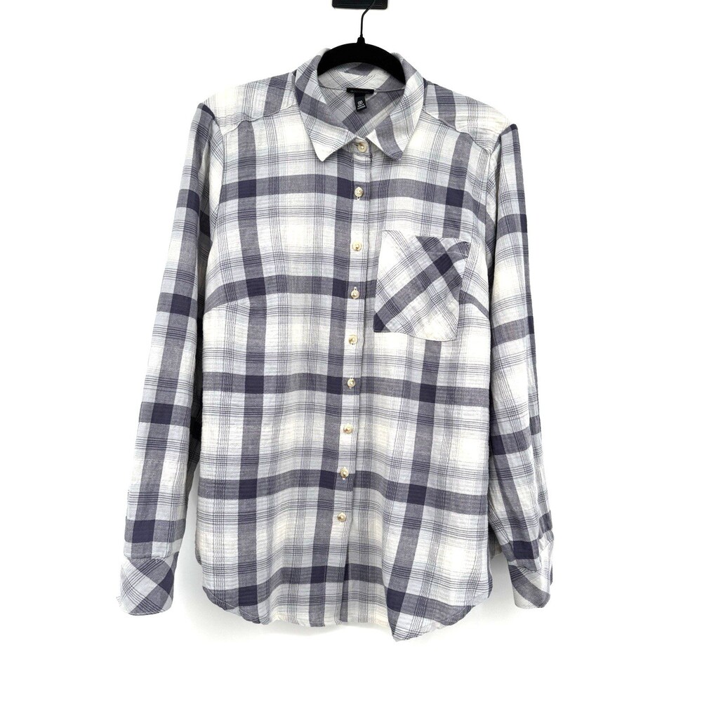 TORRID Lizzie Cotton Button Up Shirt Sz 00 Purple White Plaid Casual Lounge Top